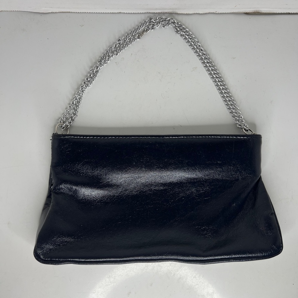 Vintage Genuine Black Leather Purse / Clutch Bag Silver Chain straps